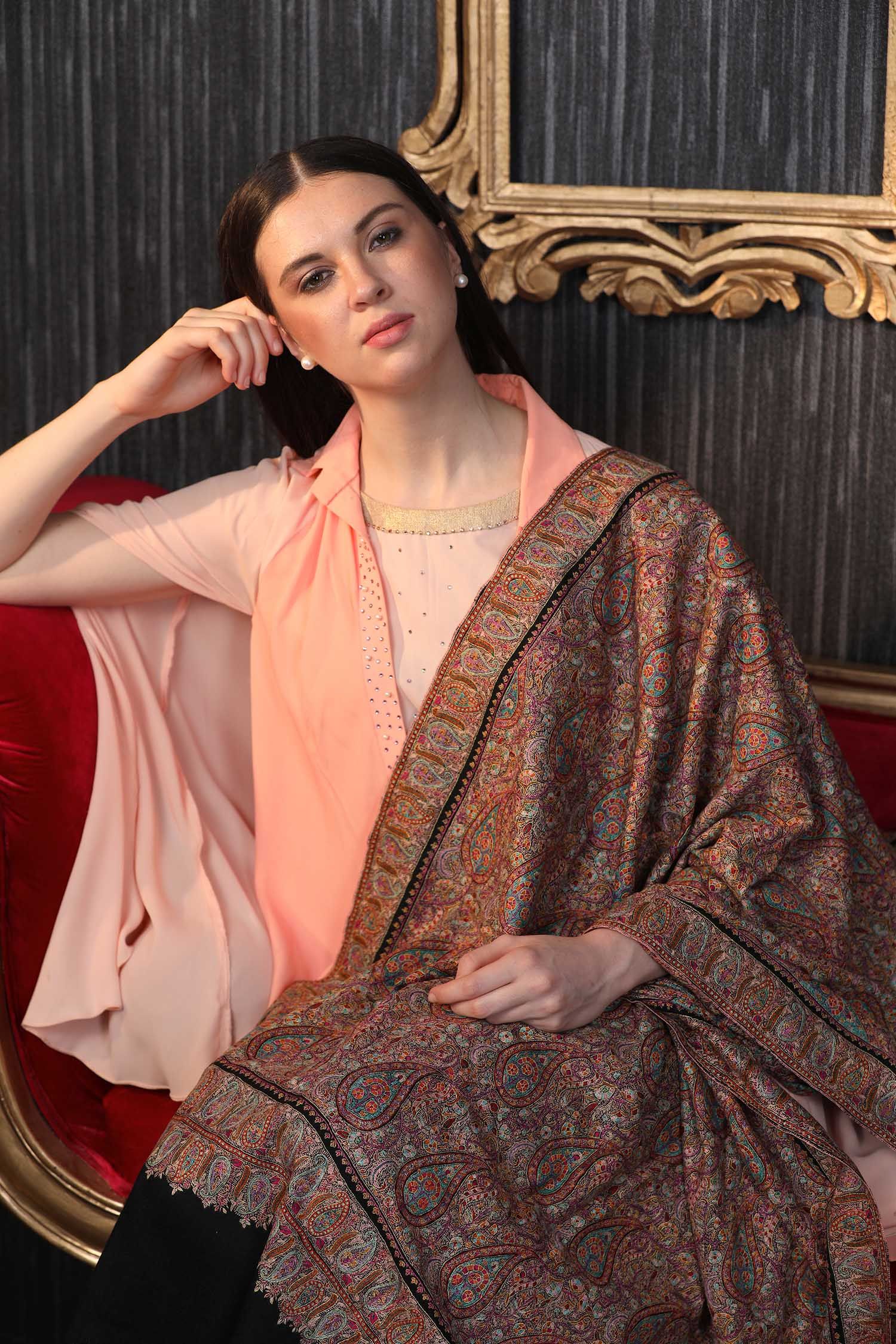 Black And Brown Do-Rukha Embroidered Pashmina Shawl