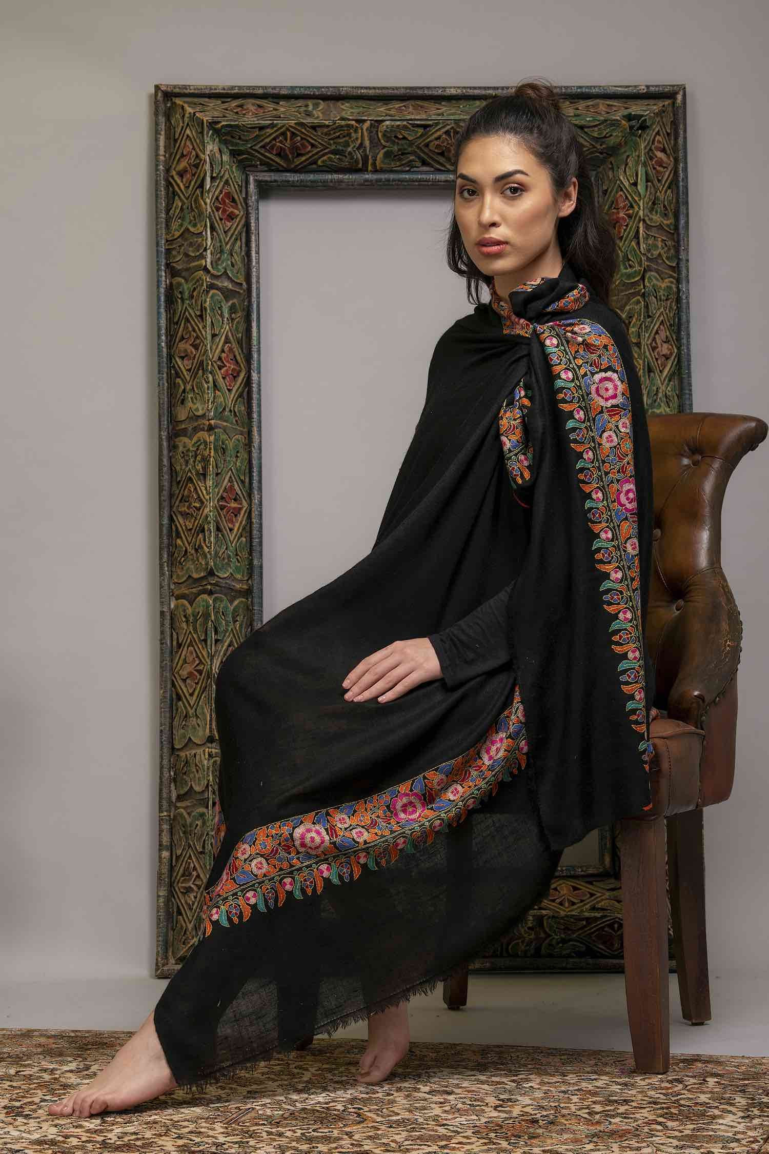 Black Papier Mache Motifs Hand Embroidered Pashmina Shawl
