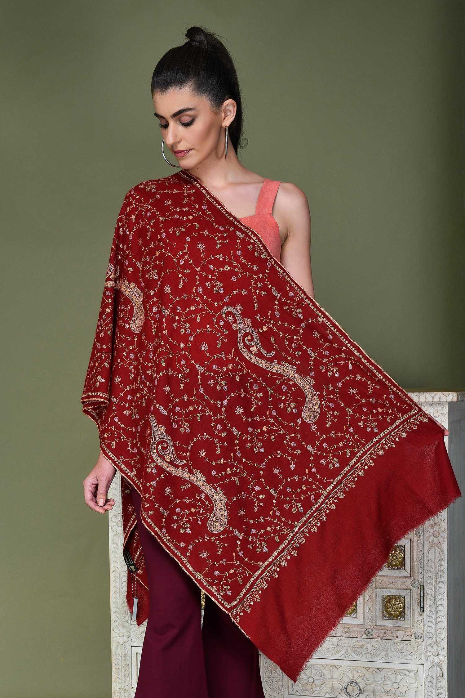 Blood Red Handmade Embroidered Cashmere Wrap
