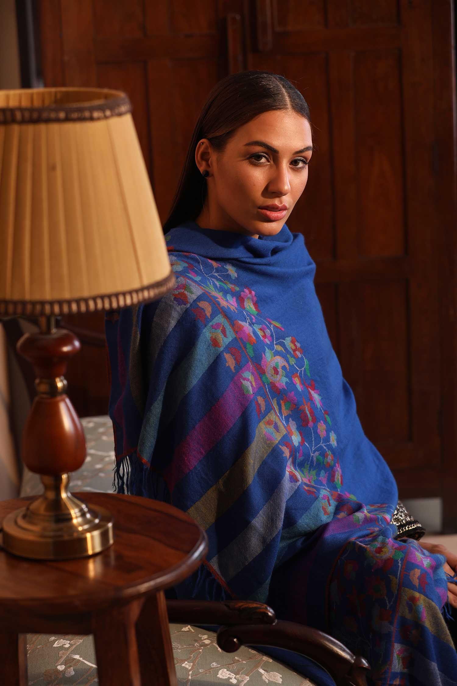 Blue Kani Cashmere Wrap | Pure Pashmina
