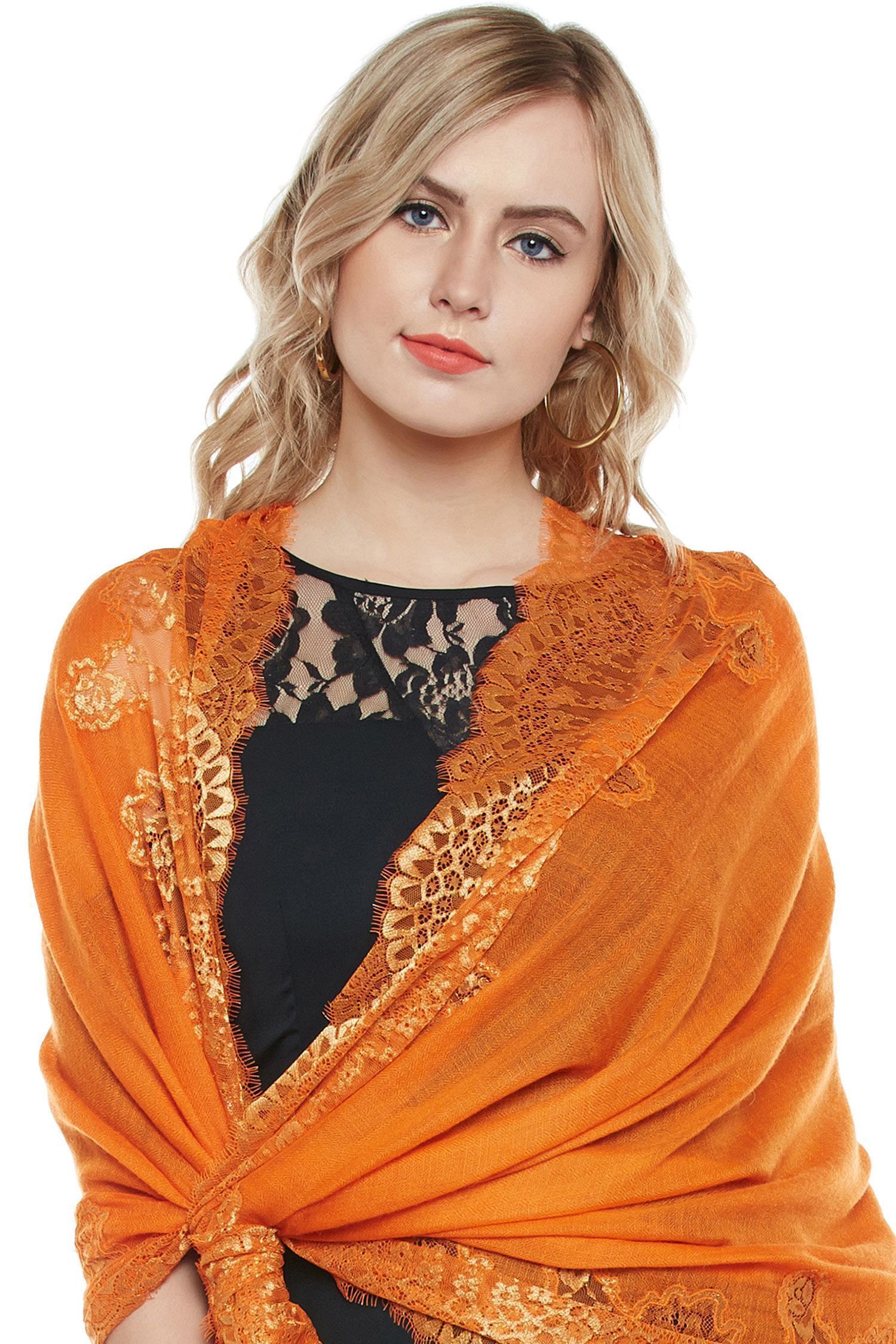 Orange Lace-Paneled Cashmere Wrap | Pure Pashmina
