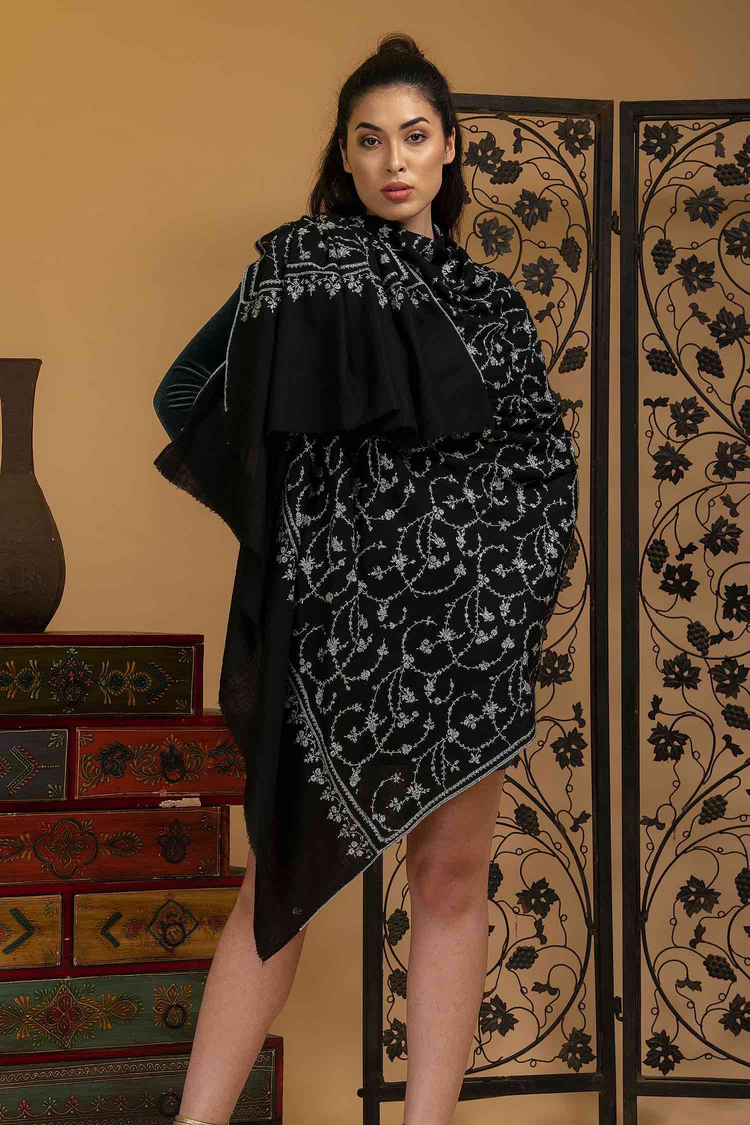 Brunette Black Hand Embroidered Pashmina Shawl