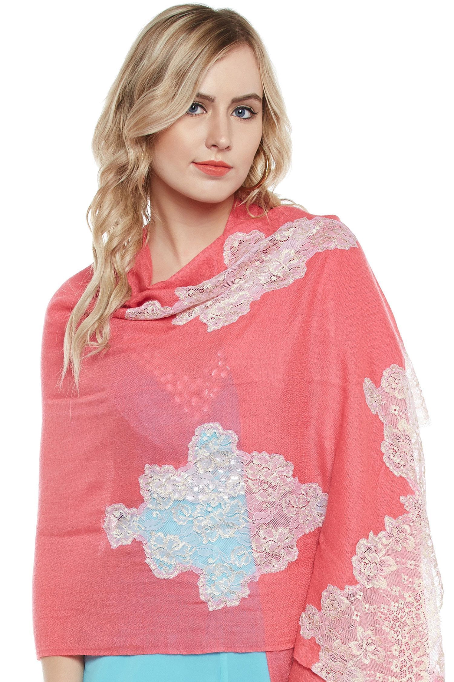 Pink Lace-Paneled Cashmere Wrap | Pure Pashmina