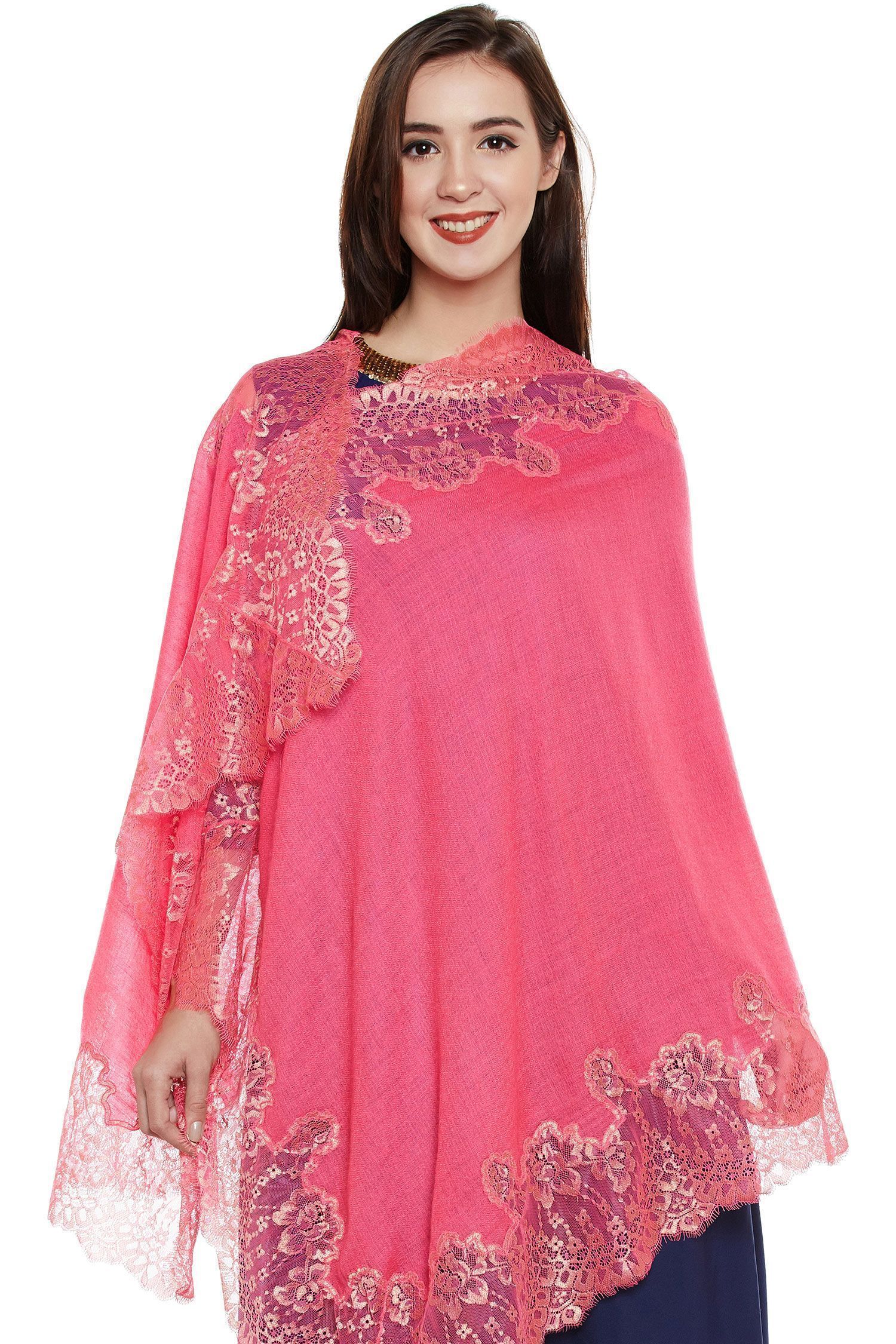 Bubblegum Pink Lace-Paneled Cashmere Wrap | Pure Pashmina