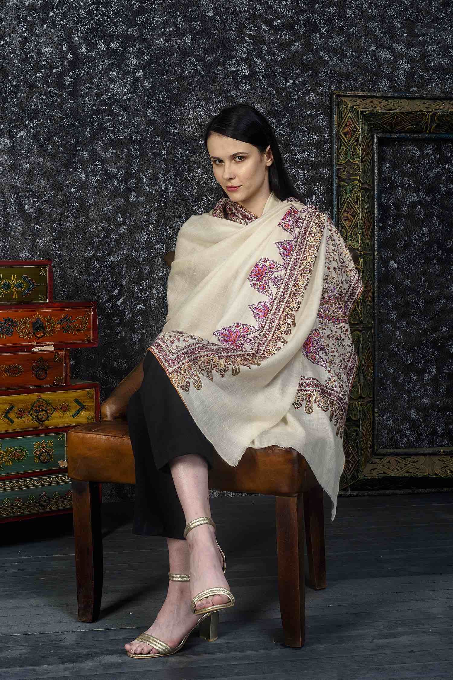 Chinar Motif Hand Embroidered White Pashmina Shawl