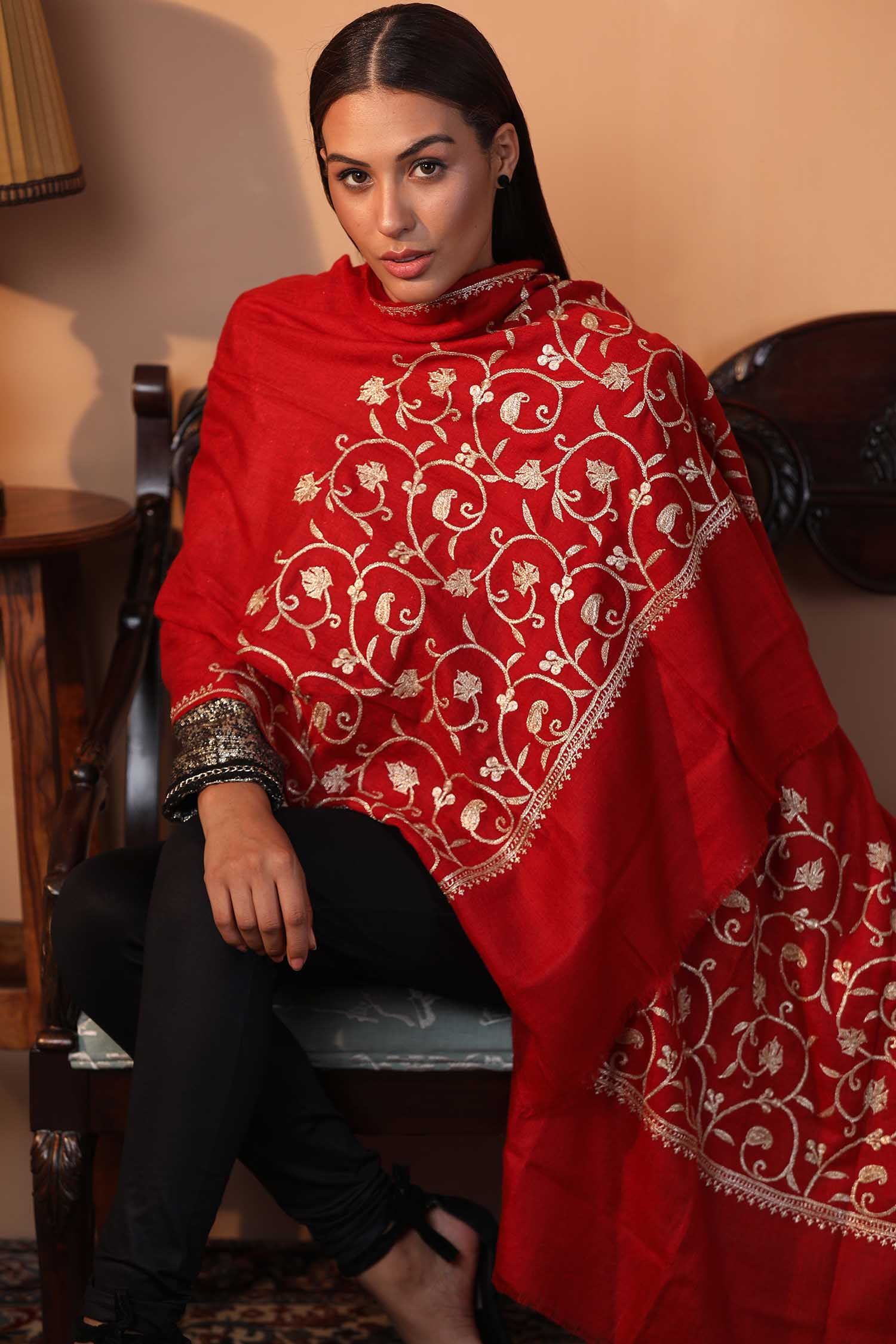 Crimson Red Zari Cashmere Wrap | Pure Pashmina