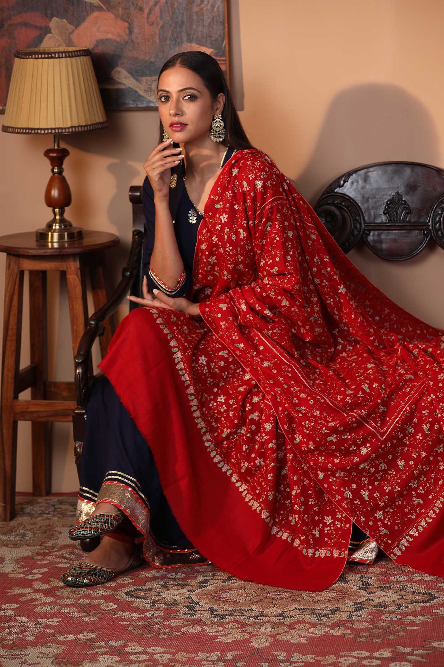 Crimson Rose Hand Embroidered Pashmina Shawl