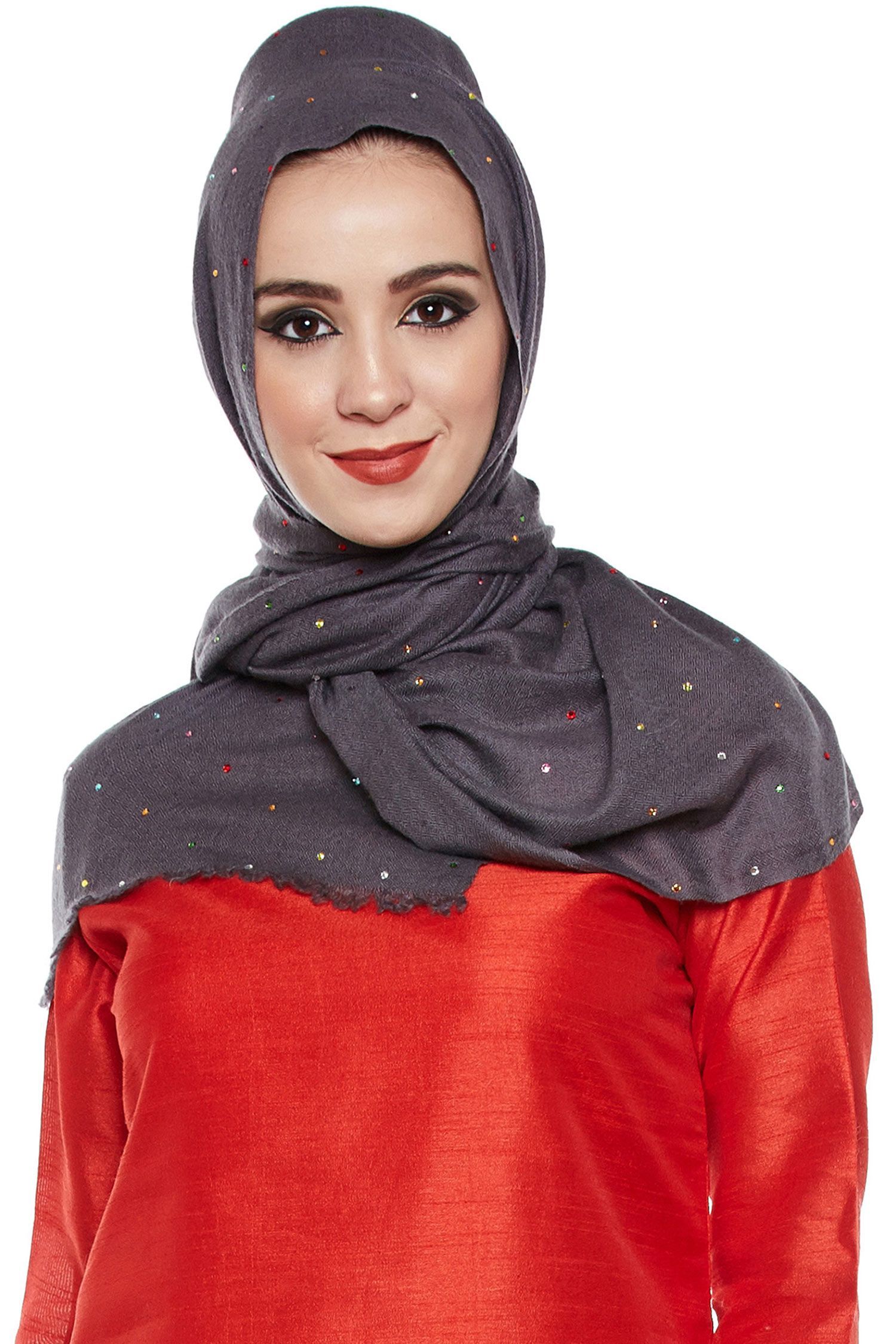 Dark Grey Pashmina Hijab With Swarovski Crystals