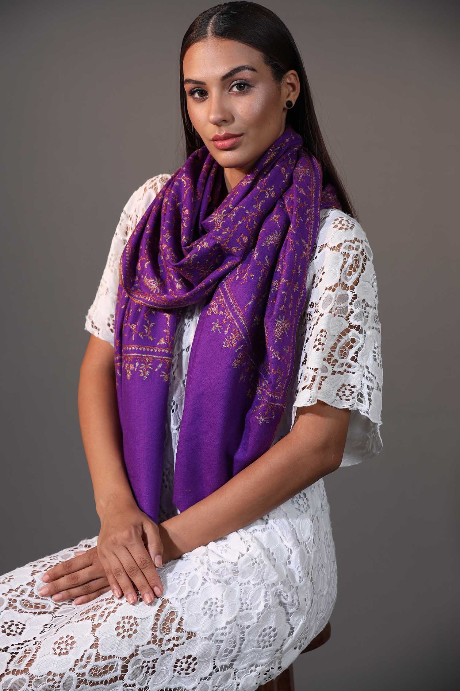 Deep Purple Cashmere Wrap | Hand Embroidered Pashmina