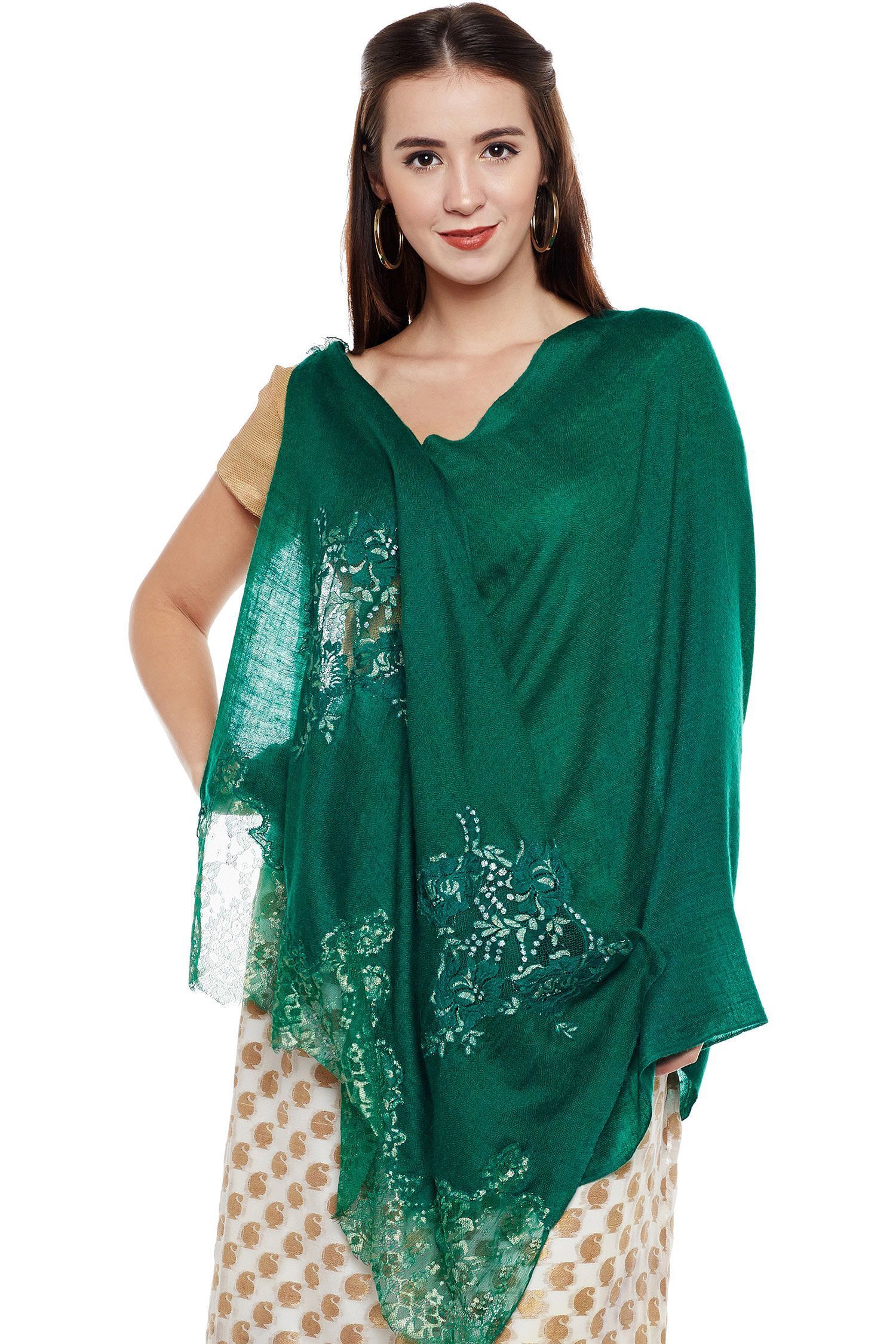 Emerald Green Lace-Paneled Cashmere Wrap | Pure Pashmina