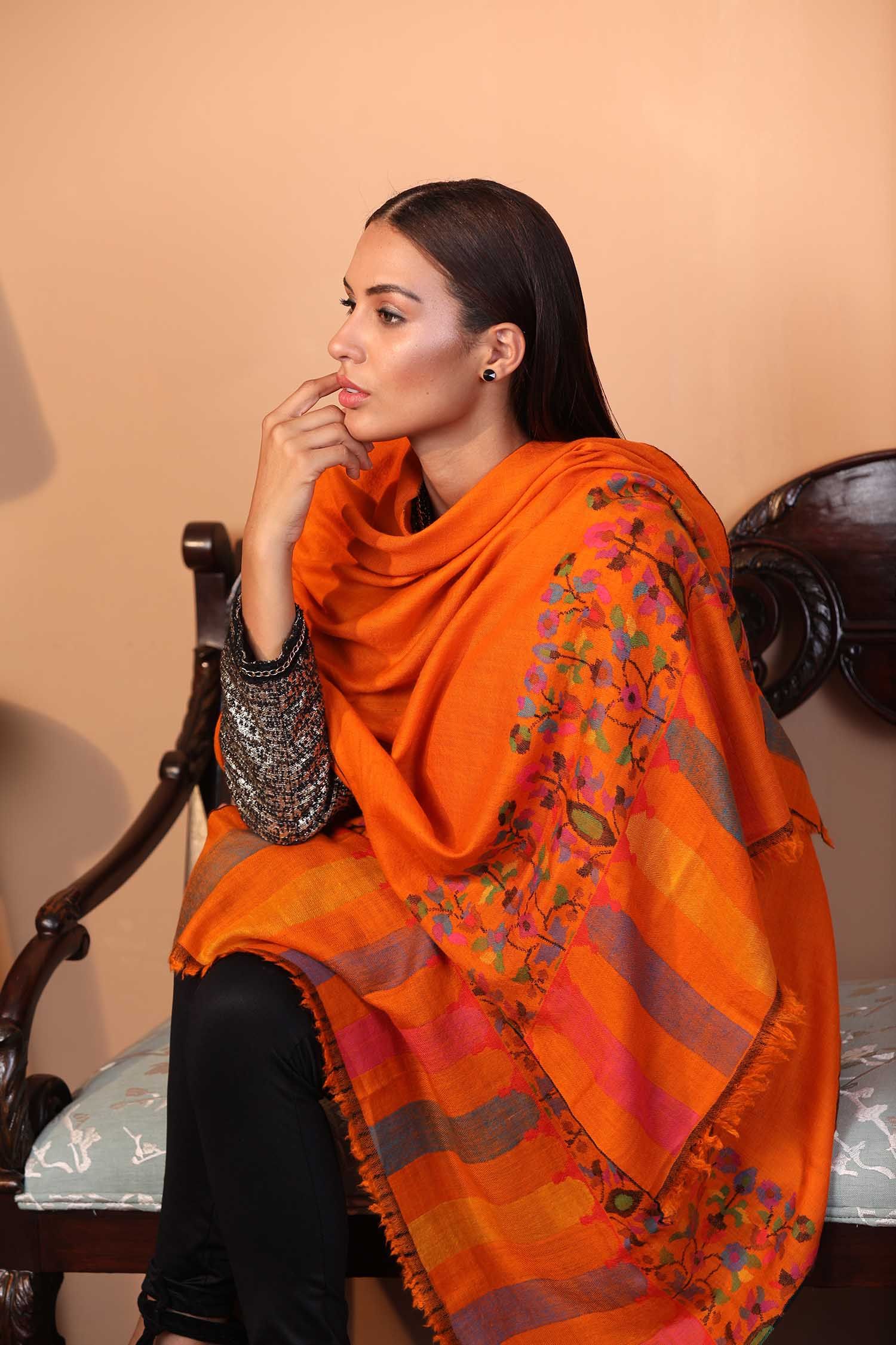 Orange Kani Cashmere Wrap | Pure Pashmina