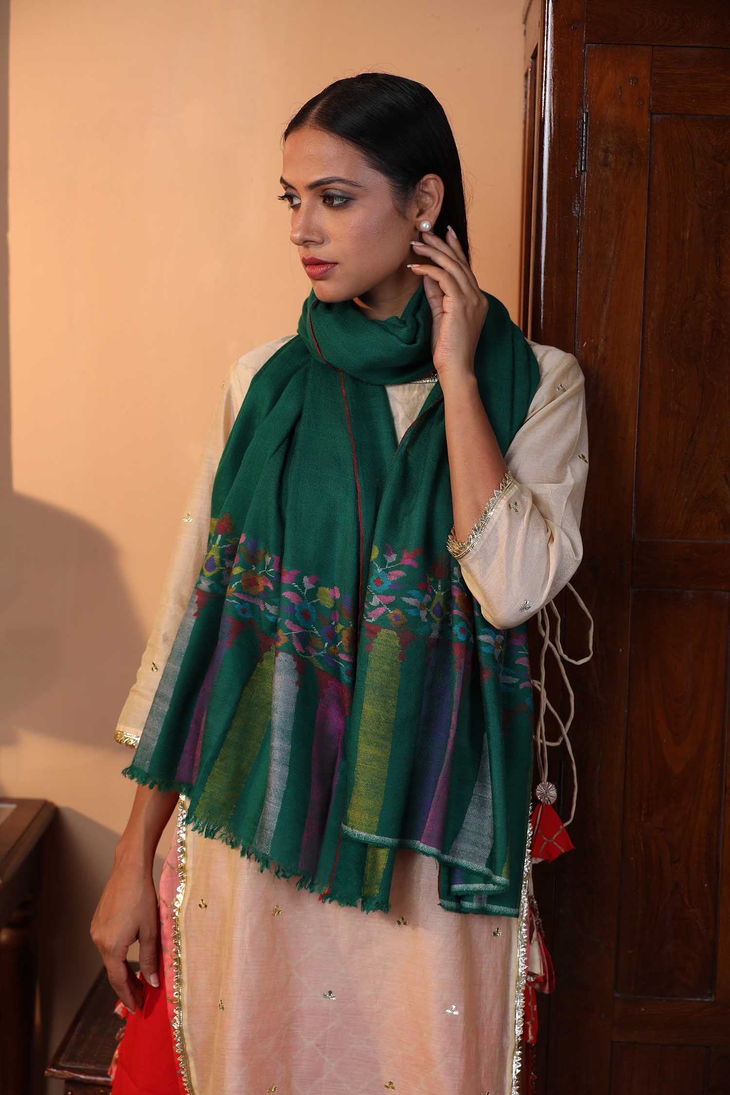 Green Kani Cashmere Wrap | Pure Pashmina