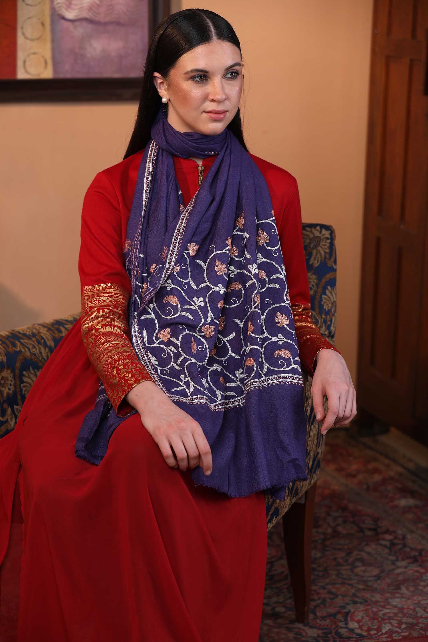 Indigo Blue Zari EmbroideRed Cashmere Wrap | Pure Pashmina