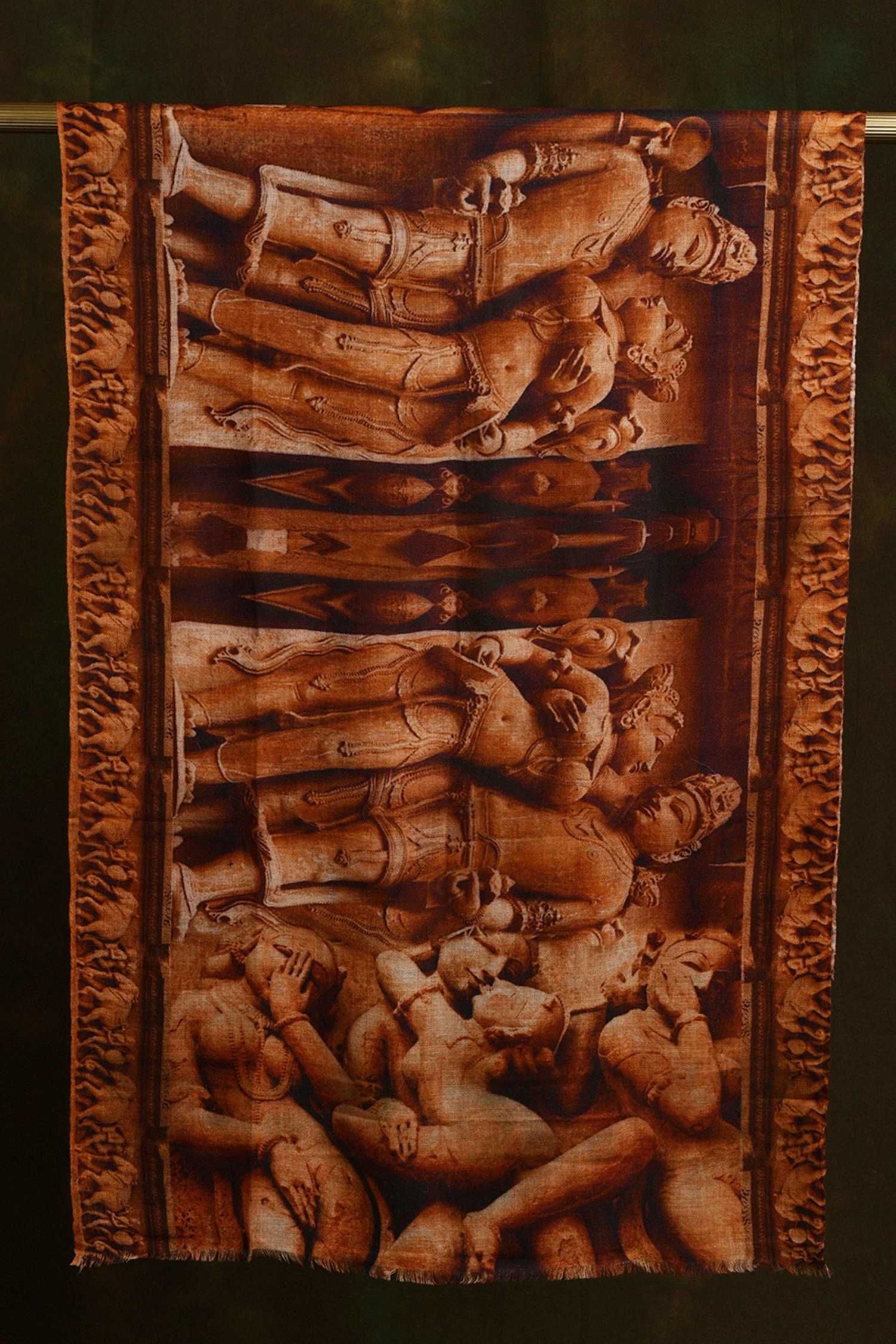 Khajuraho Sculpture Brown Cashmere Scarf | Pure Pashmina