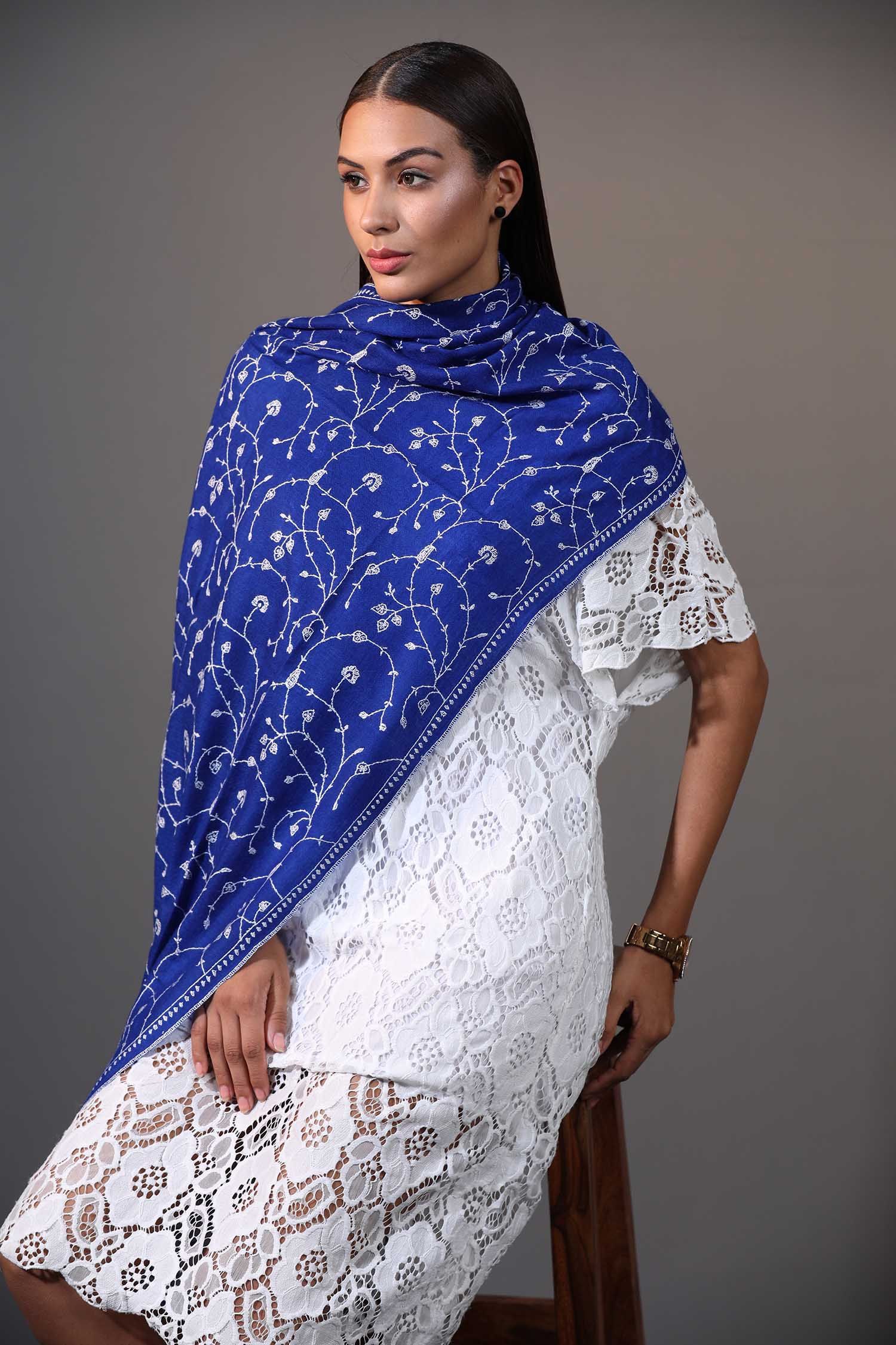 Lapis Blue Cashmere Wrap | Hand Embroidered Pashmina