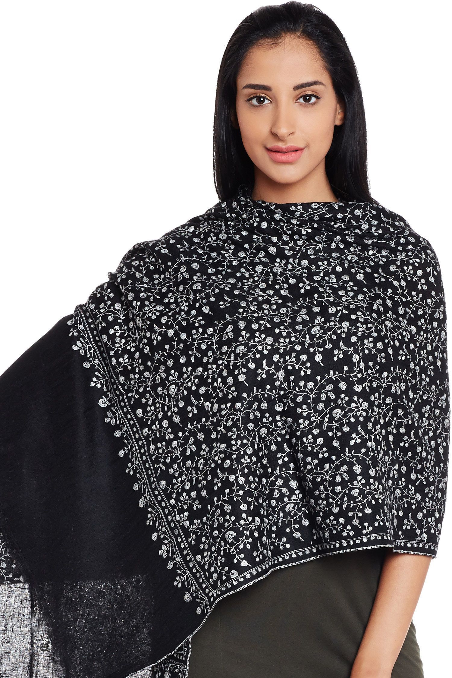 Black Monochromatica Cashmere Wrap | Hand Embroidered Pashmina