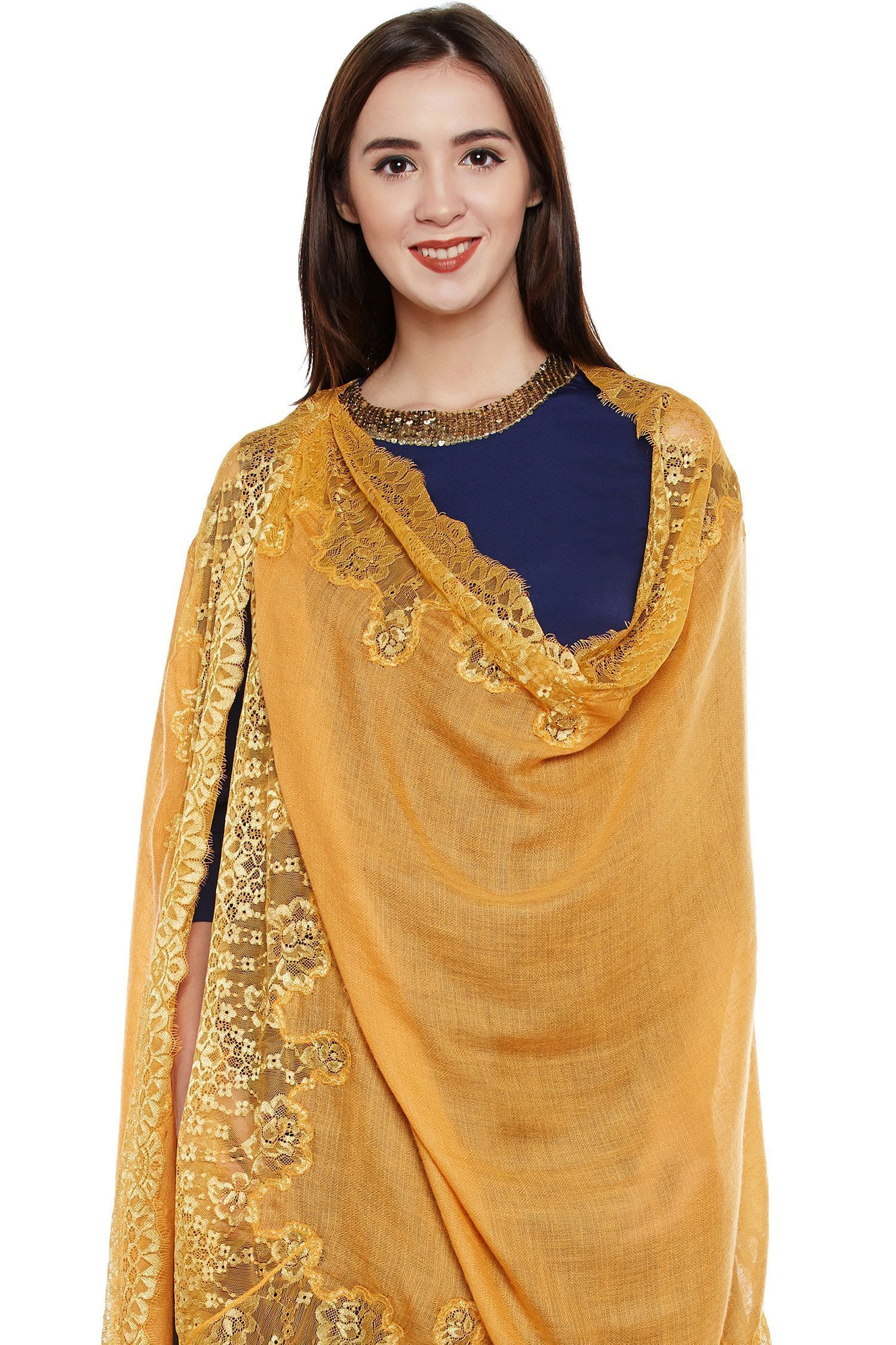 Mustard Lace-Paneled Cashmere Wrap | Pure Pashmina