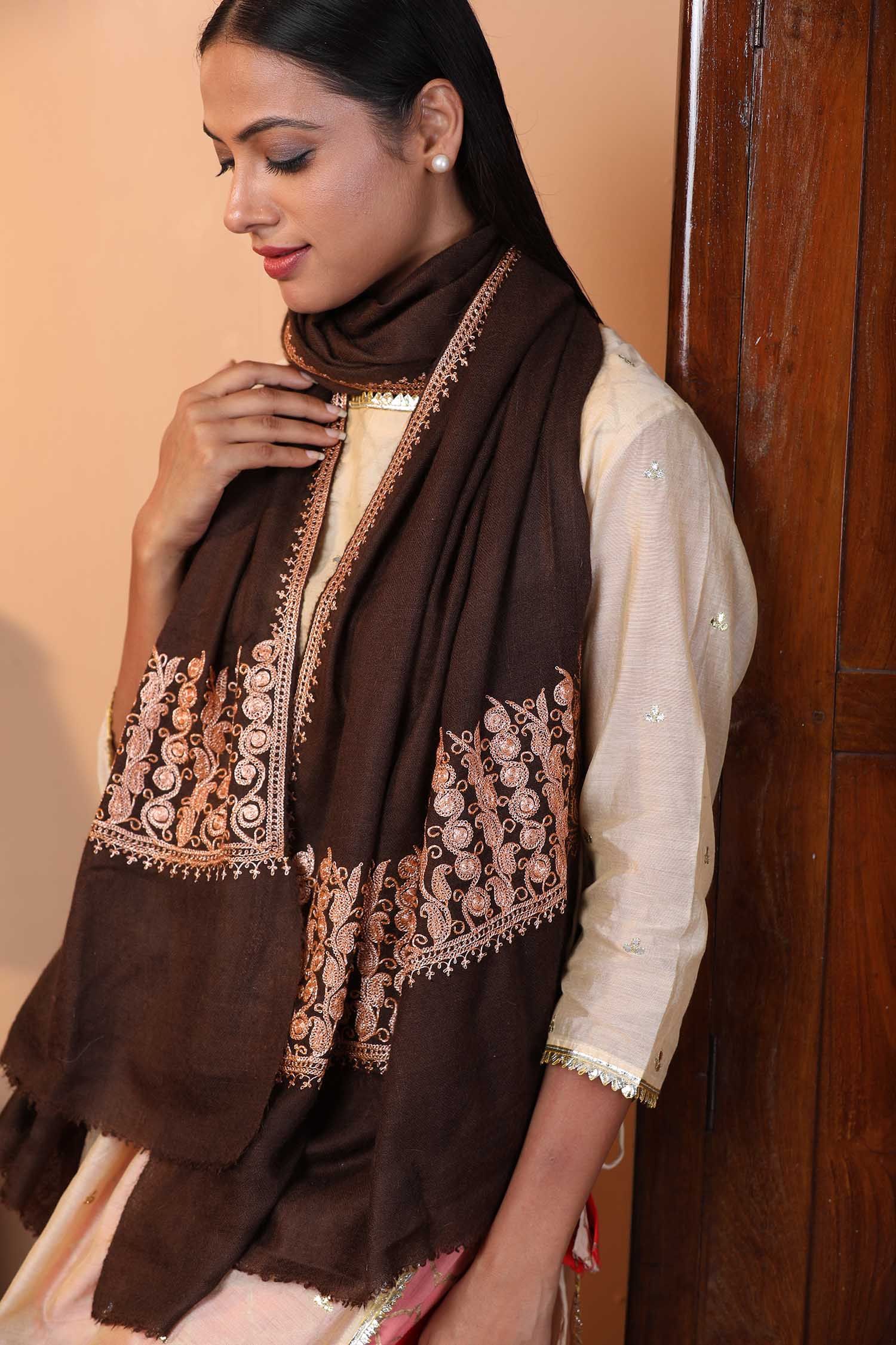 Pecan Brown Zari EmbroideRed Cashmere Wrap | Pure Pashmina