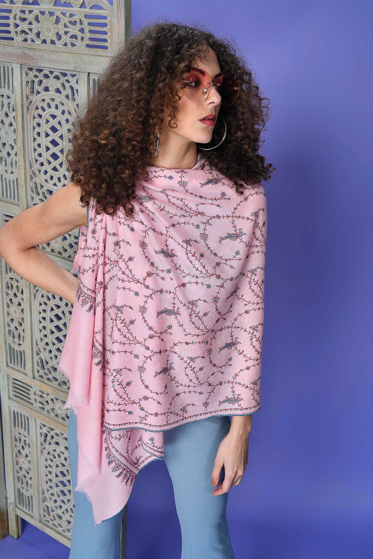 Pink Jaali Embroidery Handcrafted Cashmere Wrap