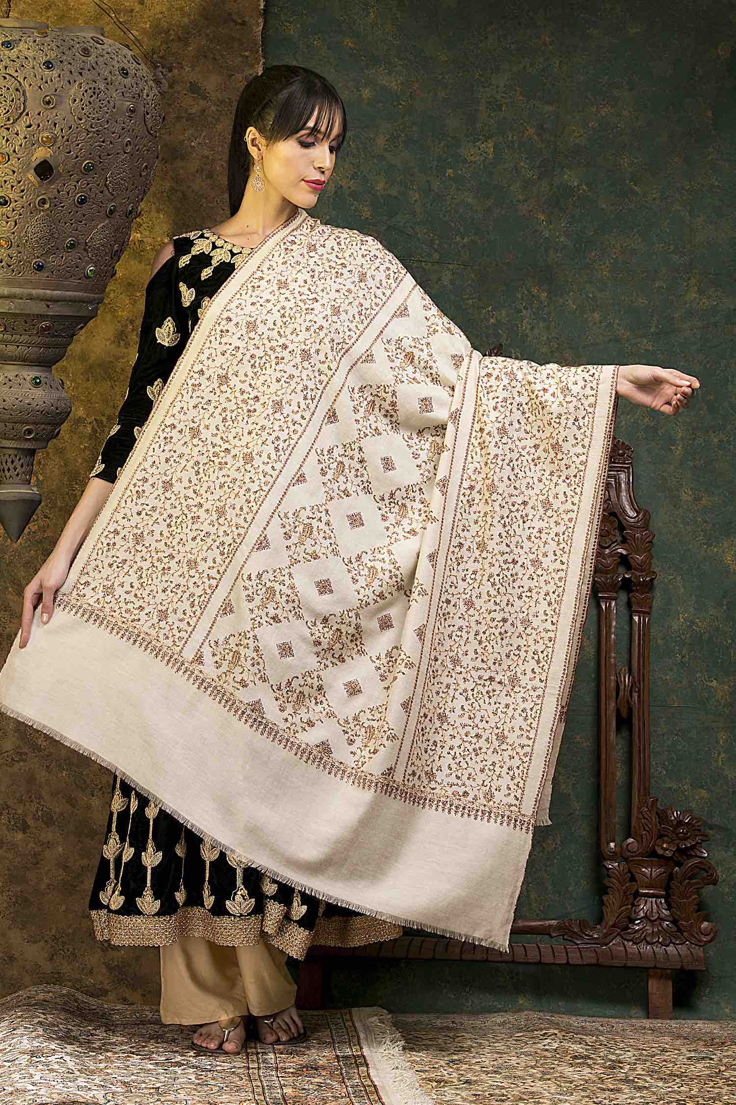 Powder White Hand Embroidered Jaalidaar Pashmina Shawl
