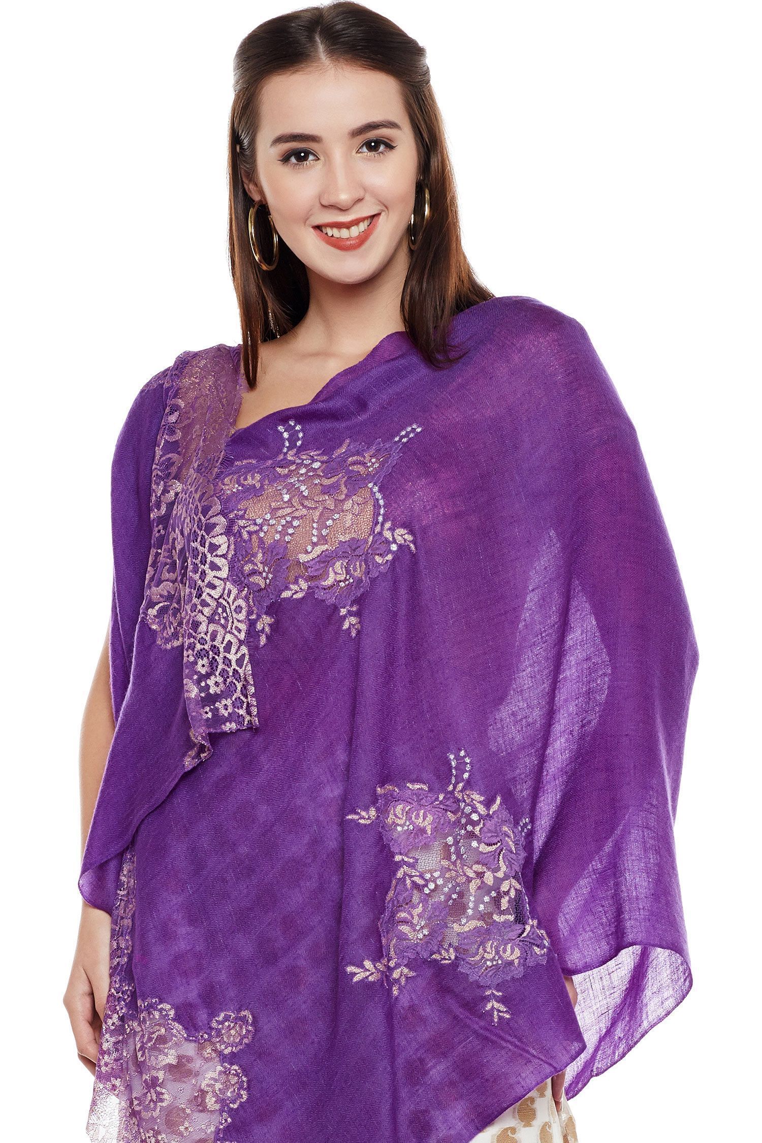 Purple Lace-Paneled Cashmere Wrap | Pure Pashmina