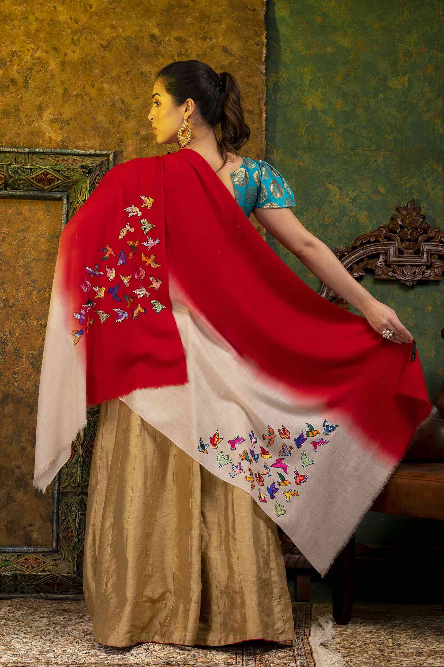 Red Birds Hand Embroidered Cashmere Wrap | Pure Pashmina