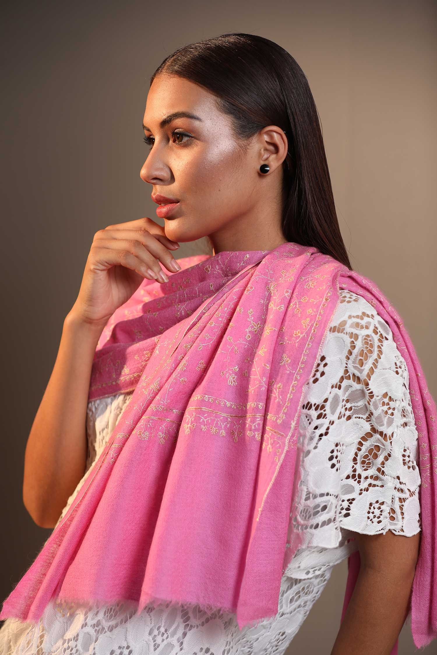 Rose Pink Cashmere Wrap | Hand Embroidered Pashmina