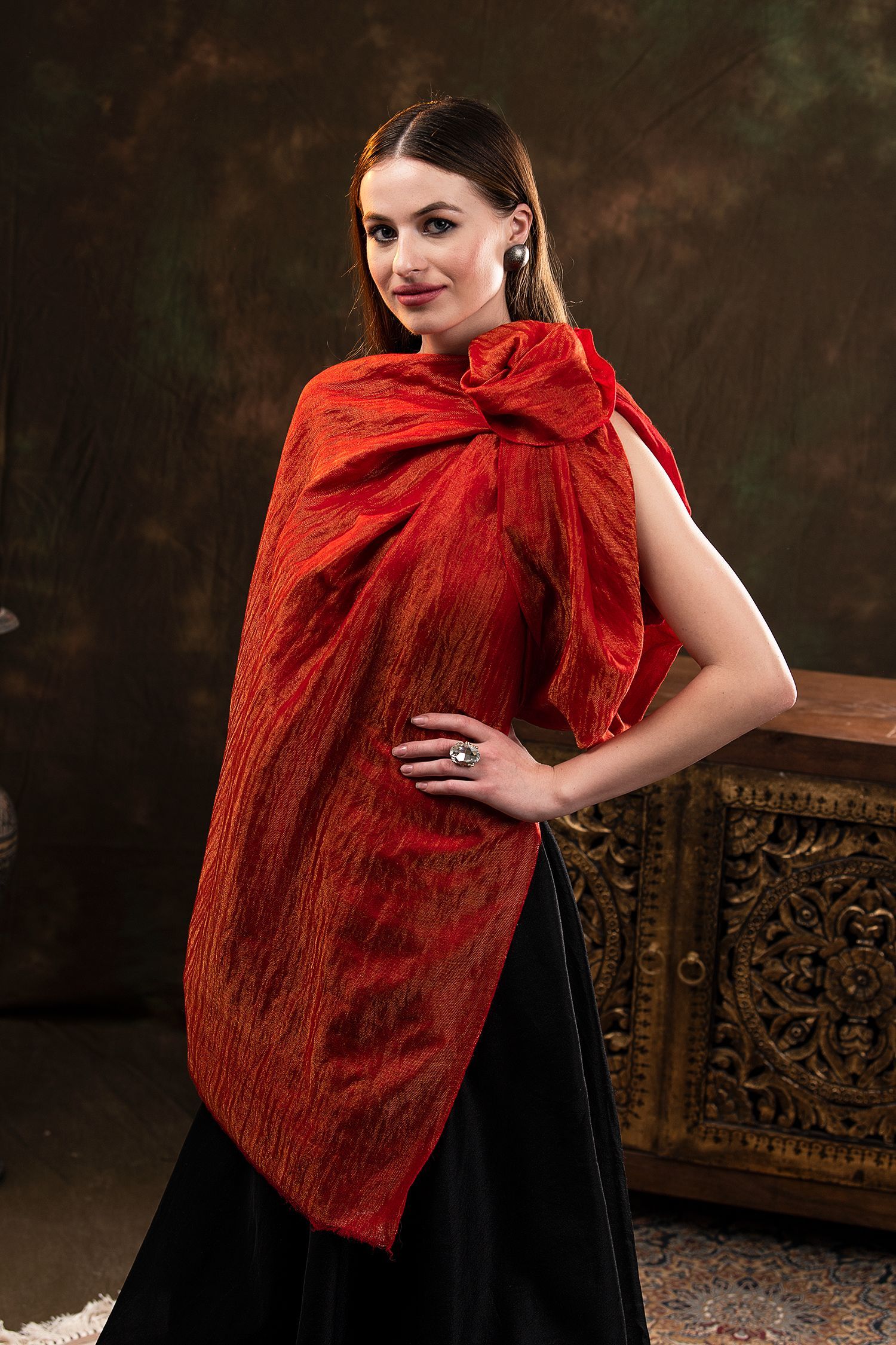 Samaa Red Zari Weave Cashmere Wrap
