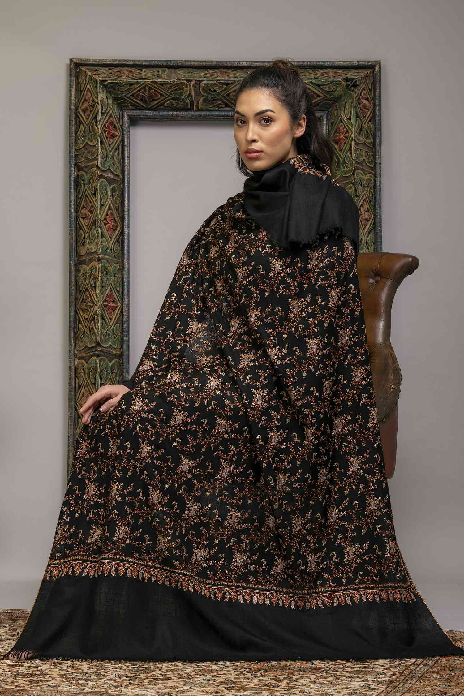 Soot Black Sozni Embroidered Pashmina Shawl