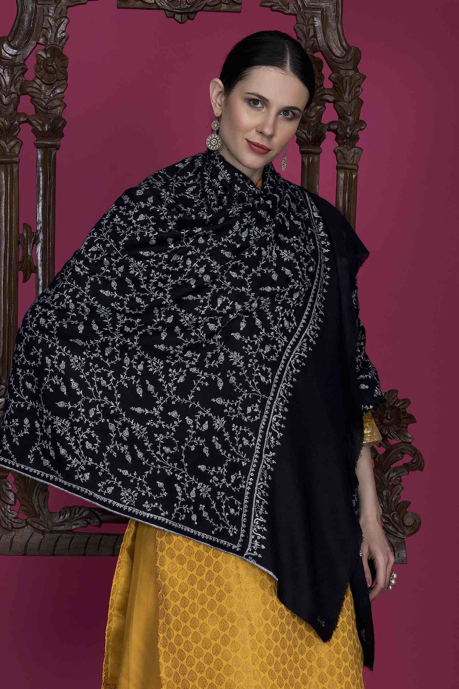 Womens luxury Personalised Scarf Embroidered Shawl Pashmina in Black 