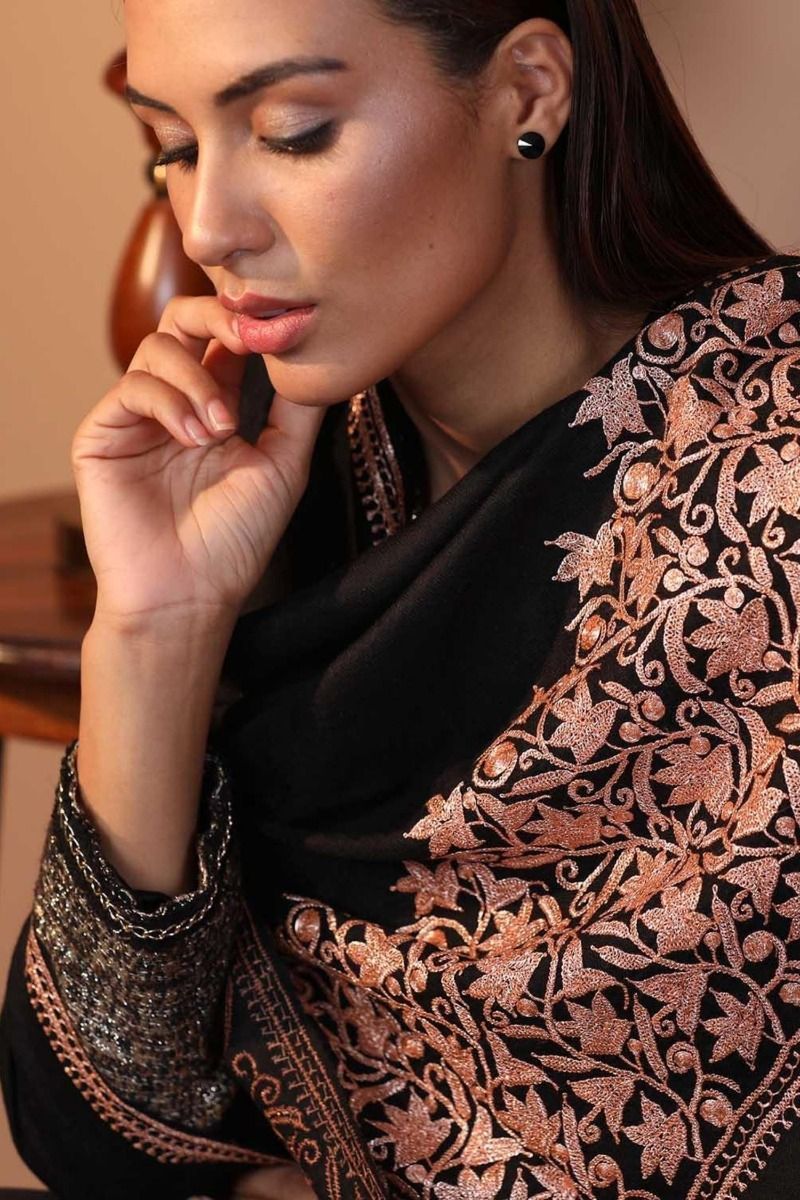 Black Zari EmbroideRed Cashmere Wrap | Pure Pashmina