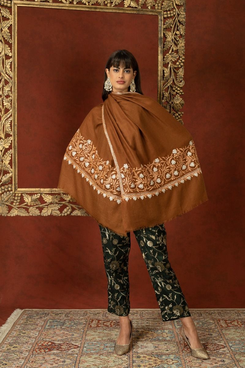 Earthy Blossoms Brown Cashmere Wrap