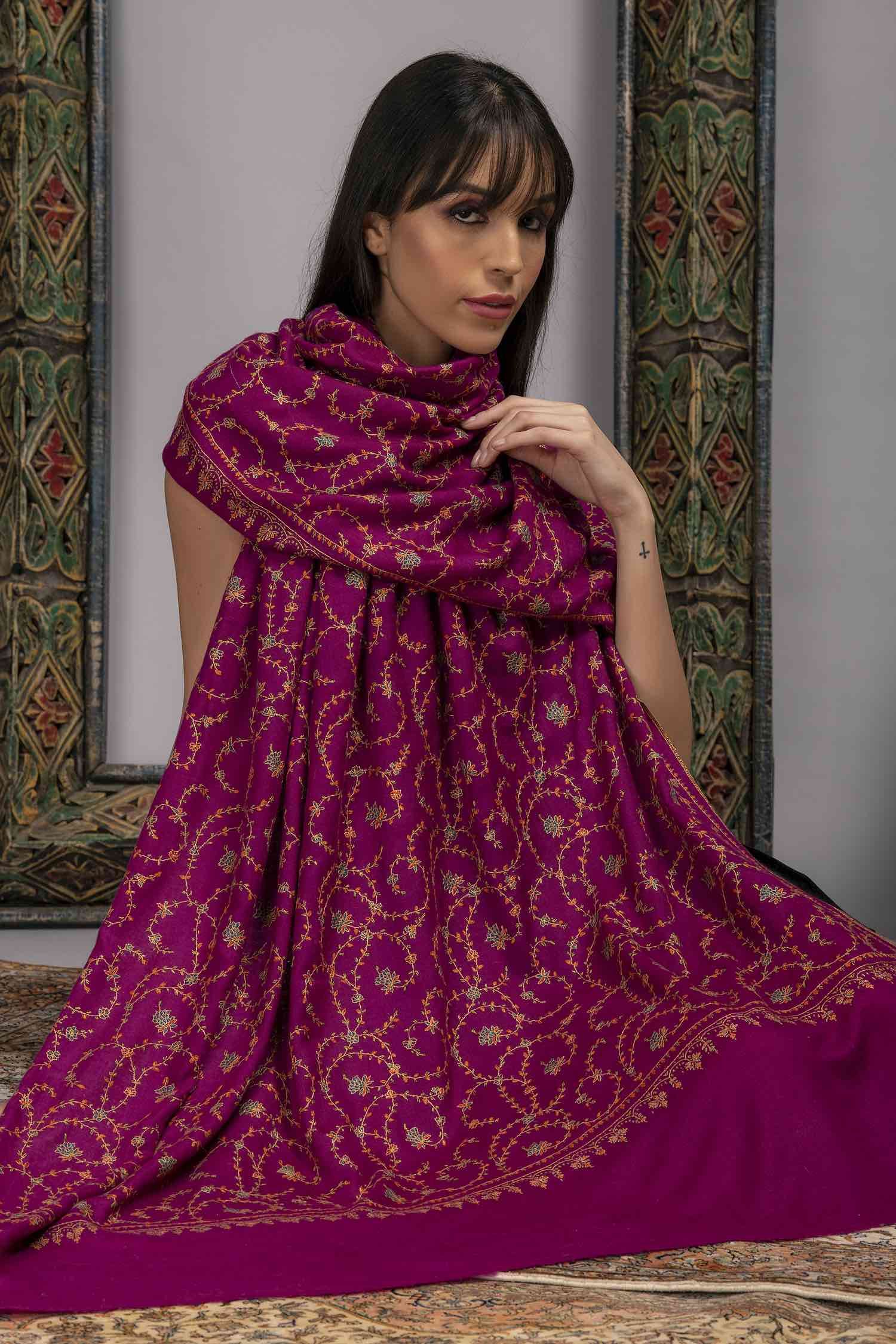 shawl fabric bedspread fine mist wool Kashmiri Aari embroidered 100% pure wool colorful flowers embroidery Pashmina tablecloth