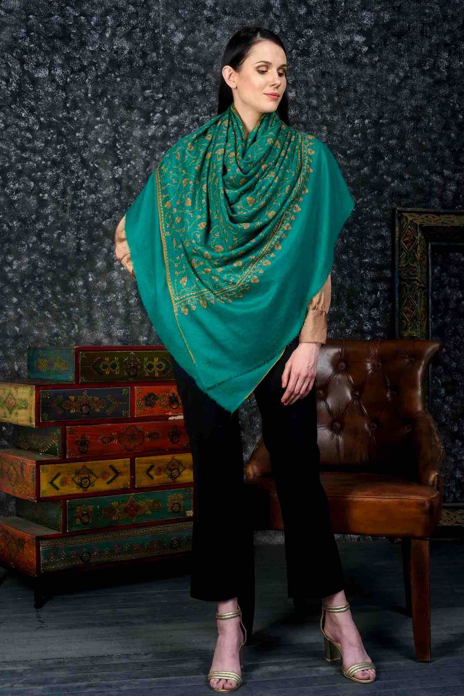 turquoise green silk pashmina stole flower work