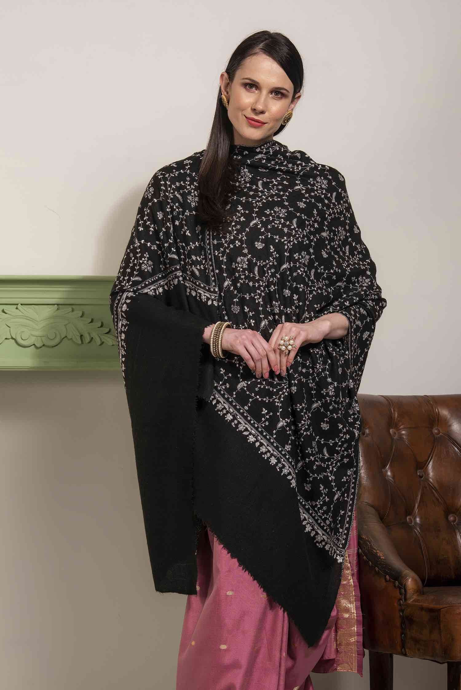 Black Jaalidaar Hand Embroidered Pashmina Shawl