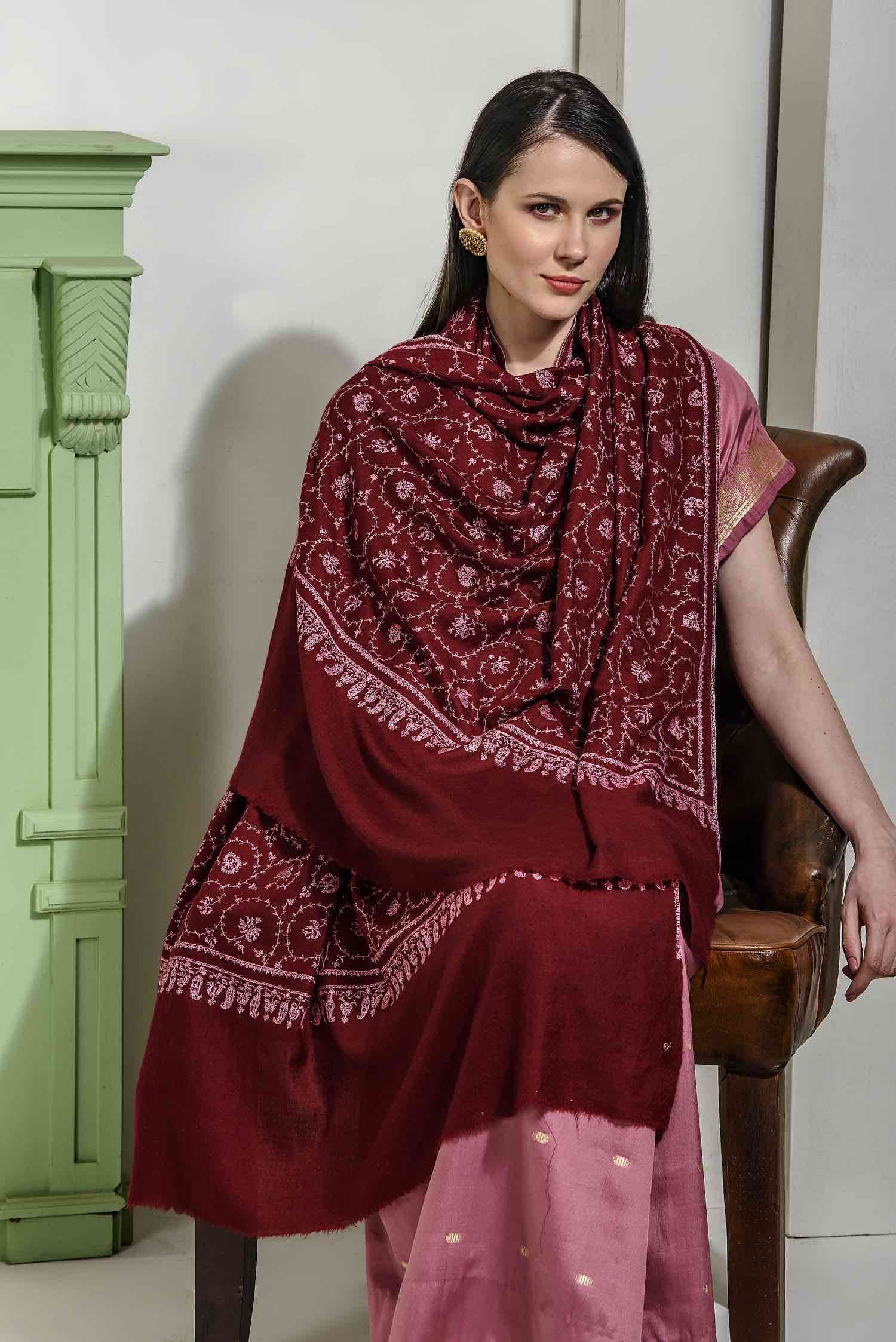 Red Ruby Hand Embroidered Jaalidaar Pashmina Shawl